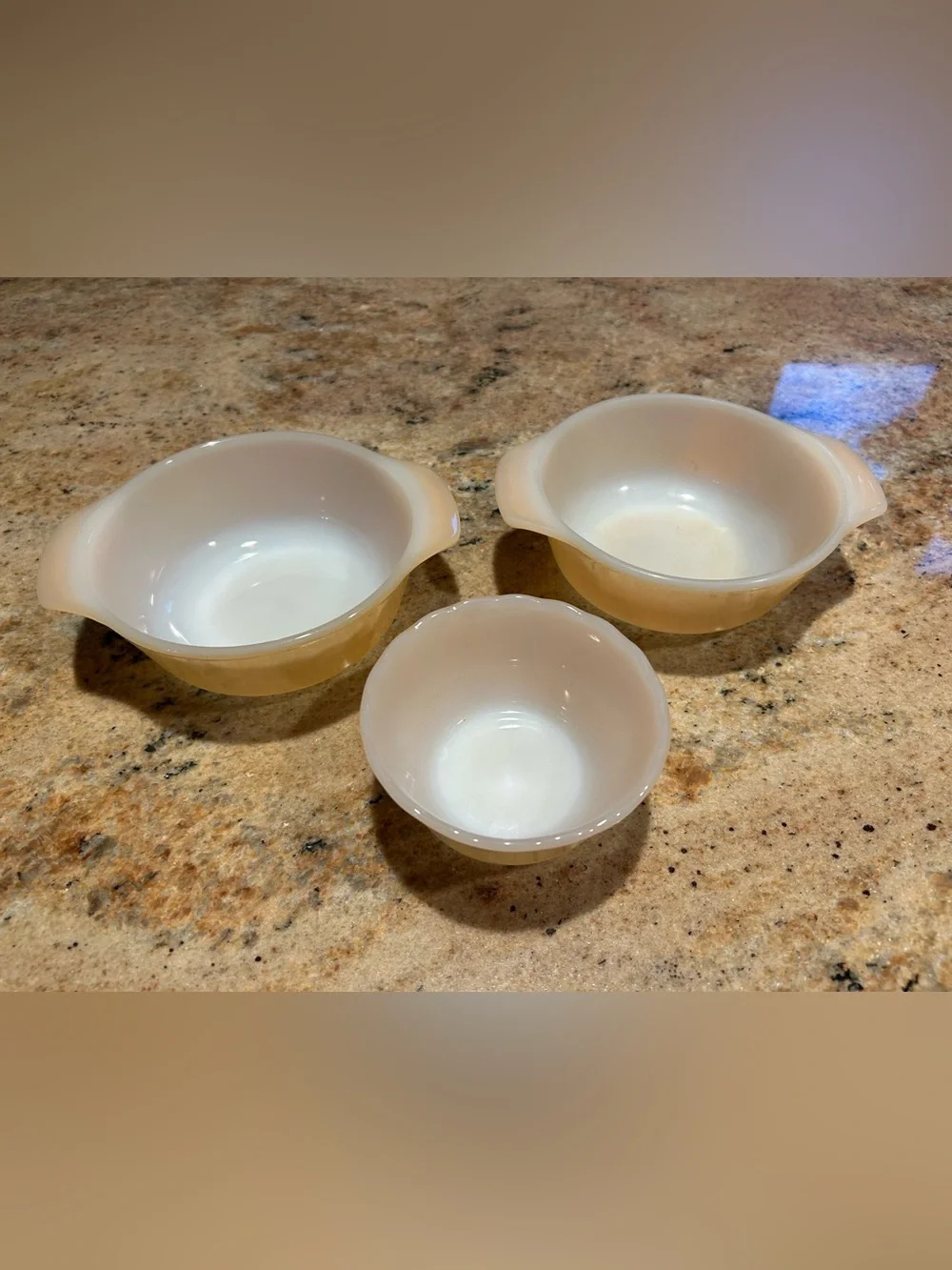 Fire King #472 Peach Lustre Set of 2 12oz Round Casserole + (1) 6oz Custard Cup